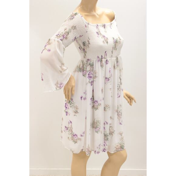 Torrid Dress Women's 1X Midi White Chiffon Smocked Floral Bell Sleeves Lined - Picture 4 of 9